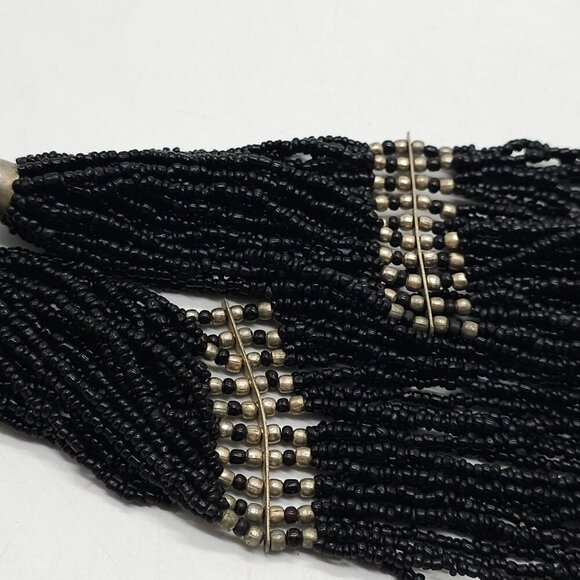 Layered Black Seed Beaded Necklace Metallic Accents Adjustable Chain Closure - Picture 4 of 5